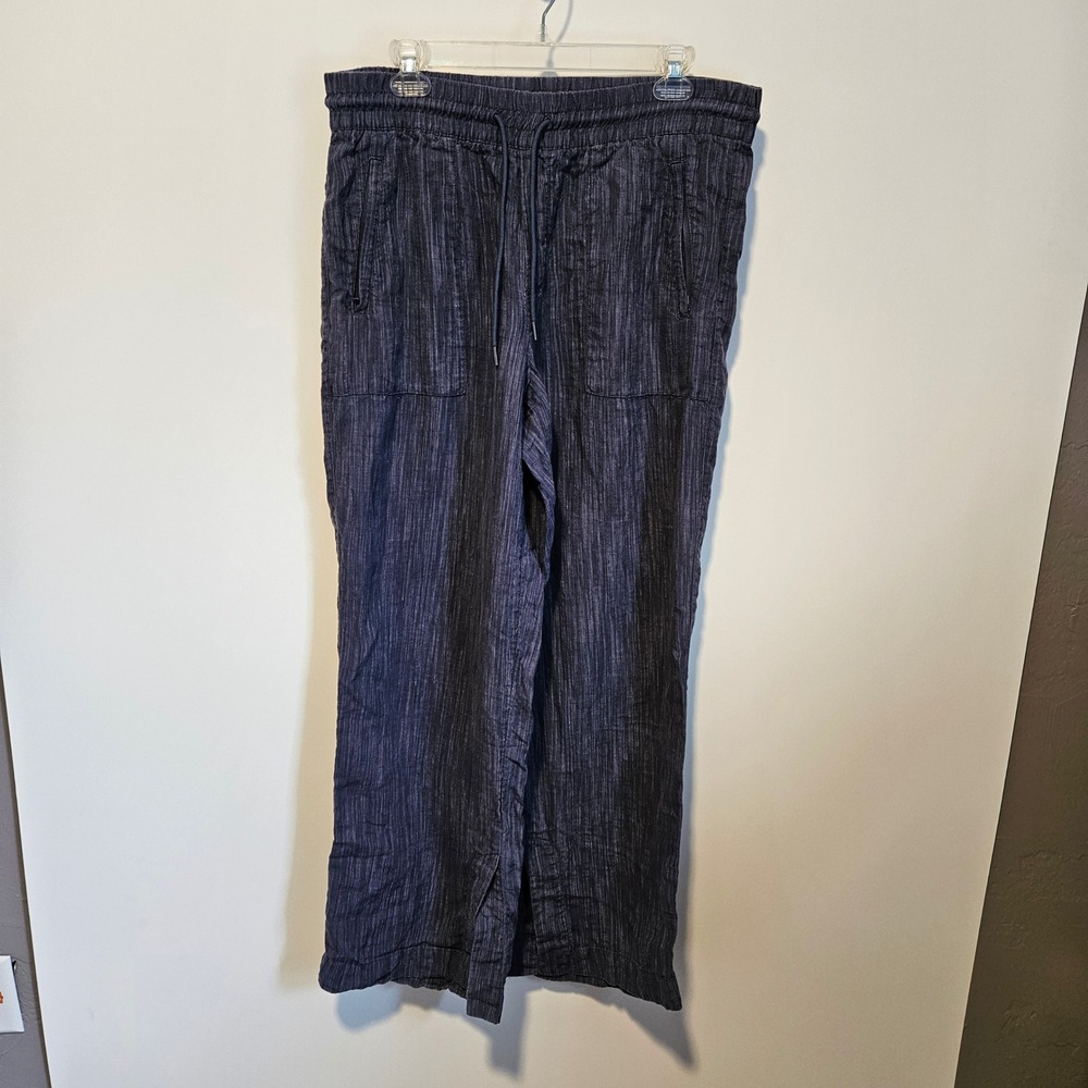Athleta Linen Pants Womens Medium Blue Drawstring Wide Leg High Rise Coastal